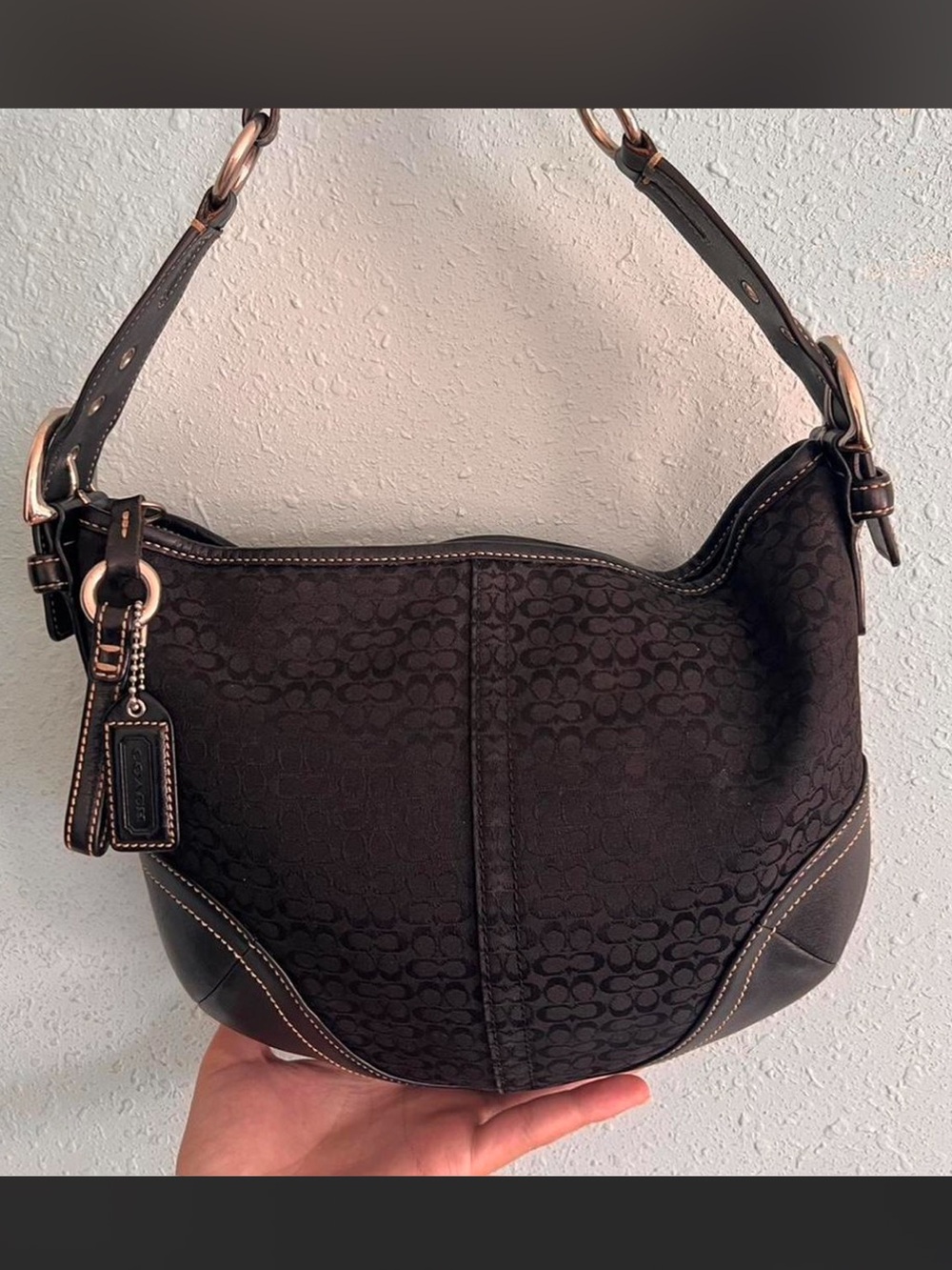 Coach Black Signature Jacquard Hobo with Leather Trim